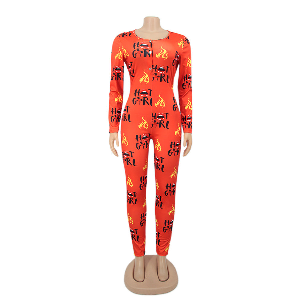 Women Round Neck Long Sleeve Printed Jumpsuit 19