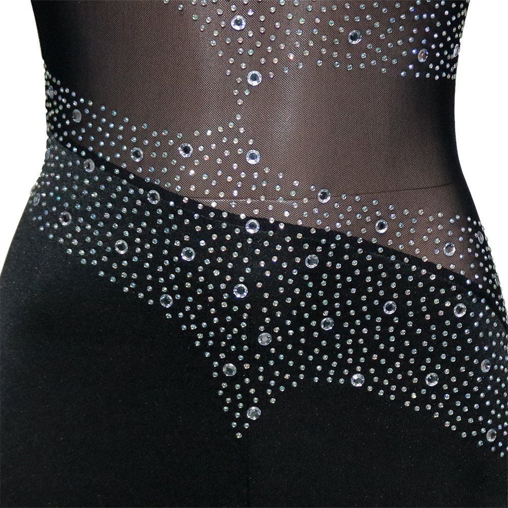 Women Sexy Mesh See-Through Beaded Long Sleeve Jumpsuit 10