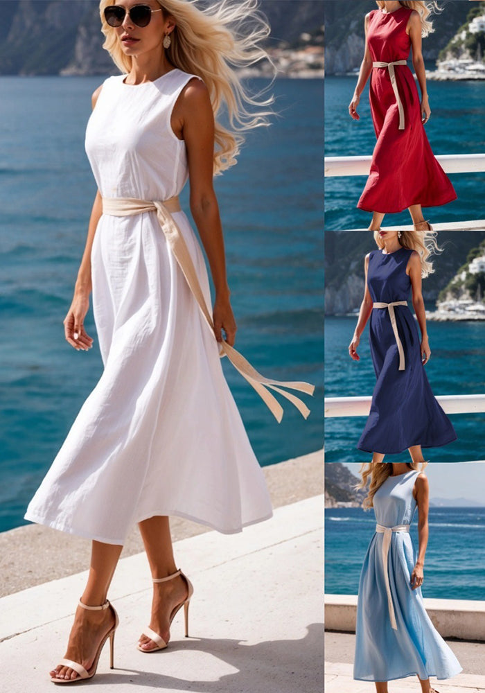 Women summer solid Dress with waist tie