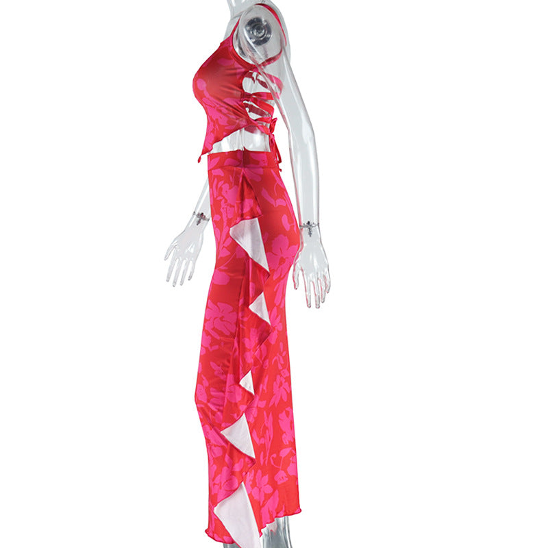 Women Sexy Printed Suspender Backless Strappy Top and Skirt Two-piece Set 12