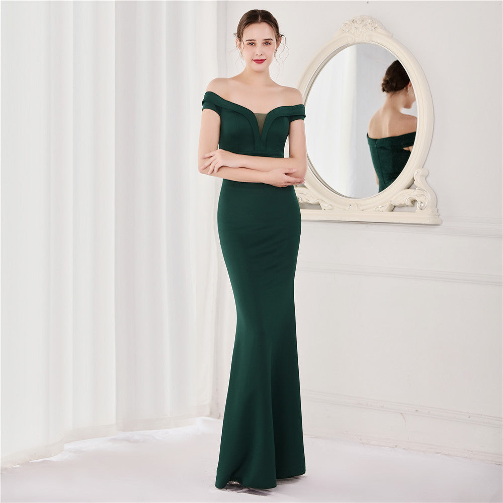 Summer Elegant Plain Off Shoulder Short Sleeve Evening Dress 10