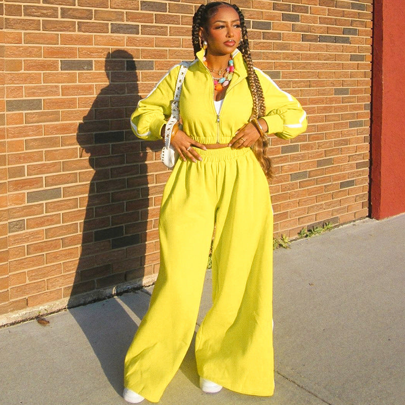 Women's Autumn Fashion Zipper Long Sleeve Top Wide Leg Pants Casual Sports Two Piece Set 8