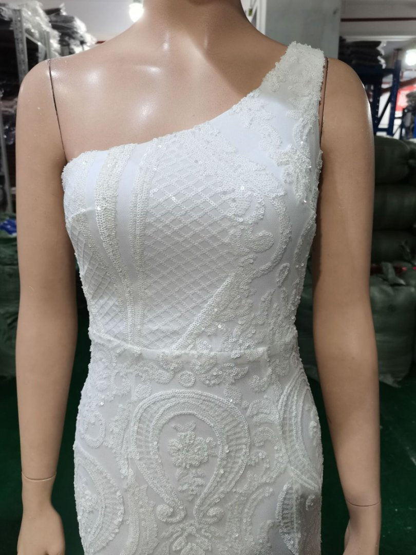 Luxury Sequin Mermail Women Formal Party Evening Dress Sexy Slash Shoulder Long Slim Bridal Gown 27