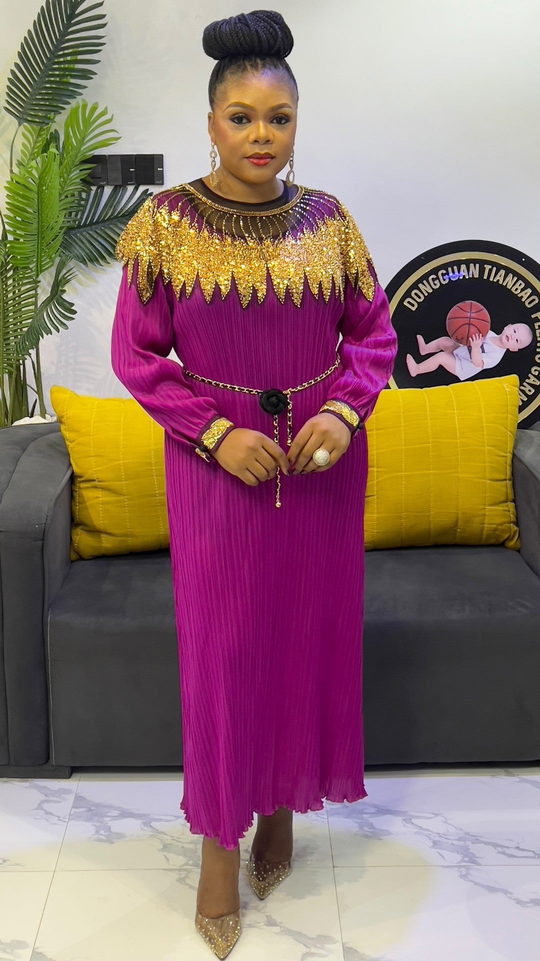 Luxury Sequin Cape Patch Slim Waist Pleated Loose Long Dress 12