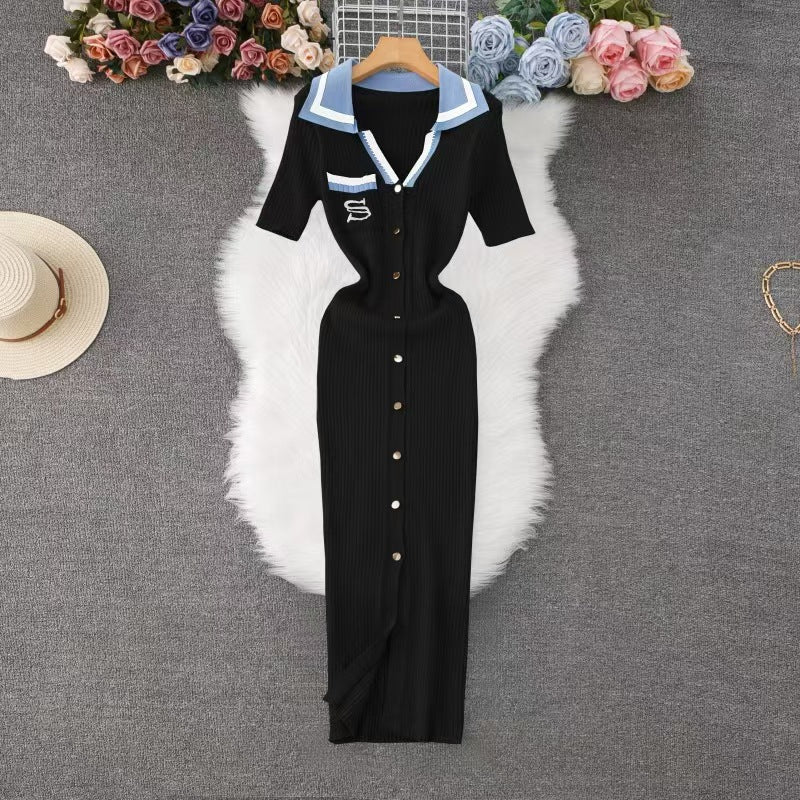 Women Fall/Winter French Contrast Color Embroidered Polo Neck Long-Sleeved Knitted Dress 11