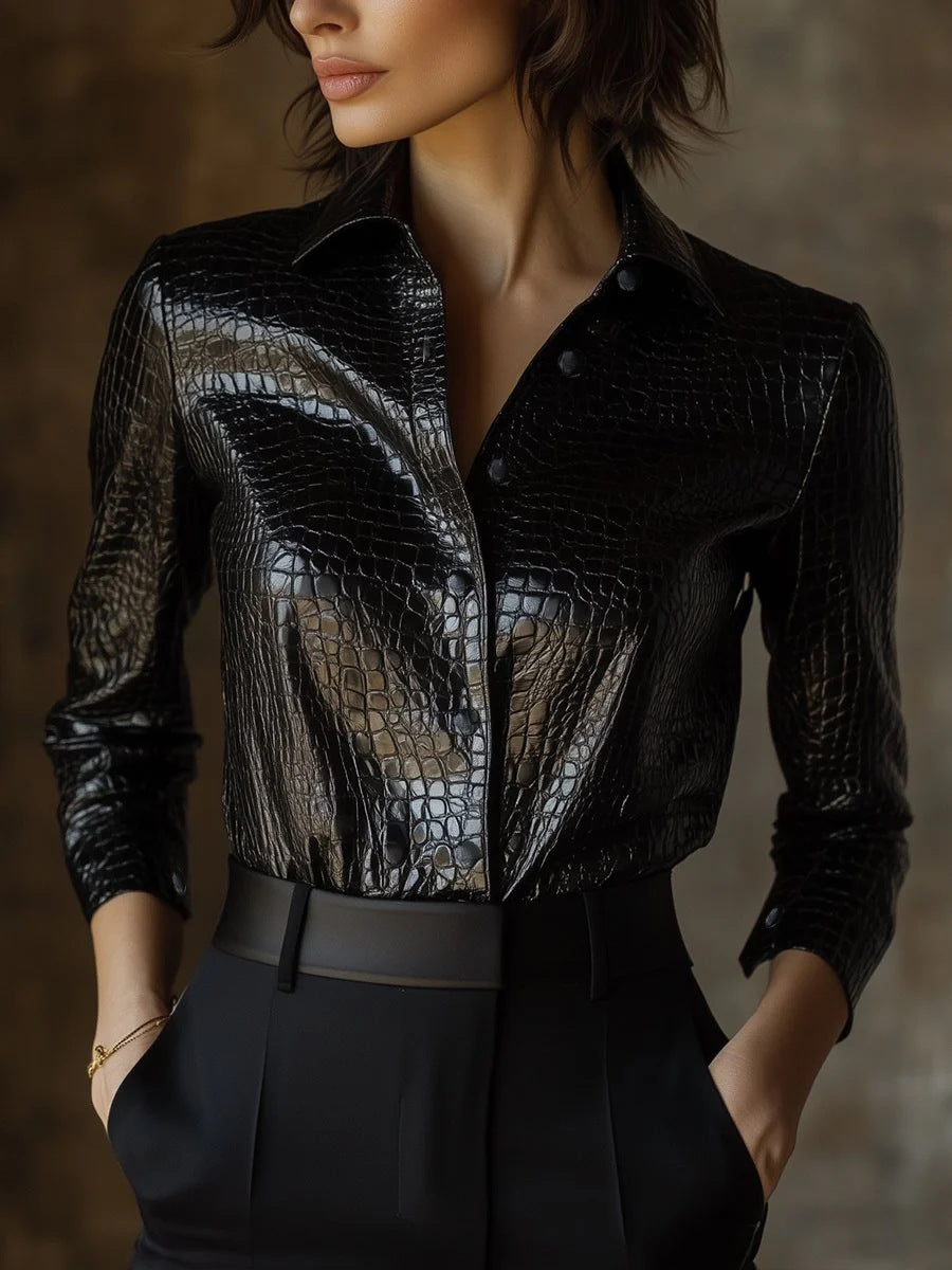 Women Pu Leather Shiny Snake Print Long-Sleeved Shirt 3