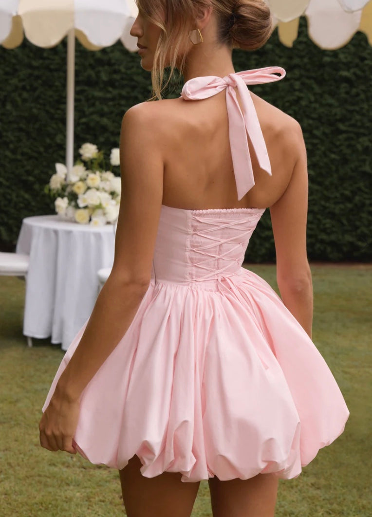 Women Summer Halter Neck Tie-Drawn Bow Puffy Dress 7