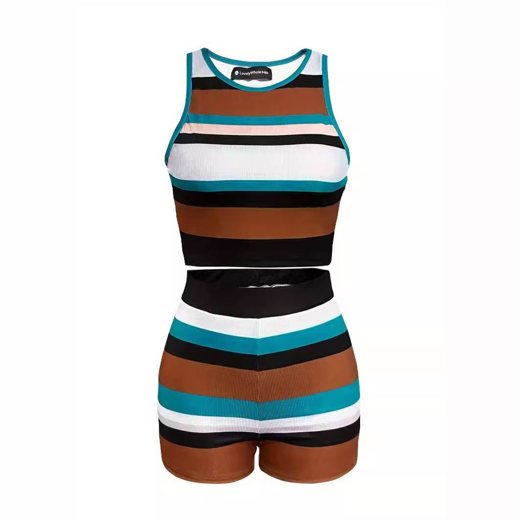 Women spring and autumn knitting striped vest and shorts two-piece set 6