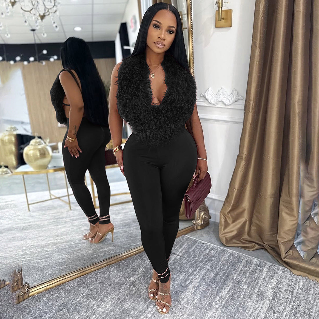 Women Fall Sexy Halter Neck Lace-Up Backless V-Neck Top and Pant Two-Piece Set