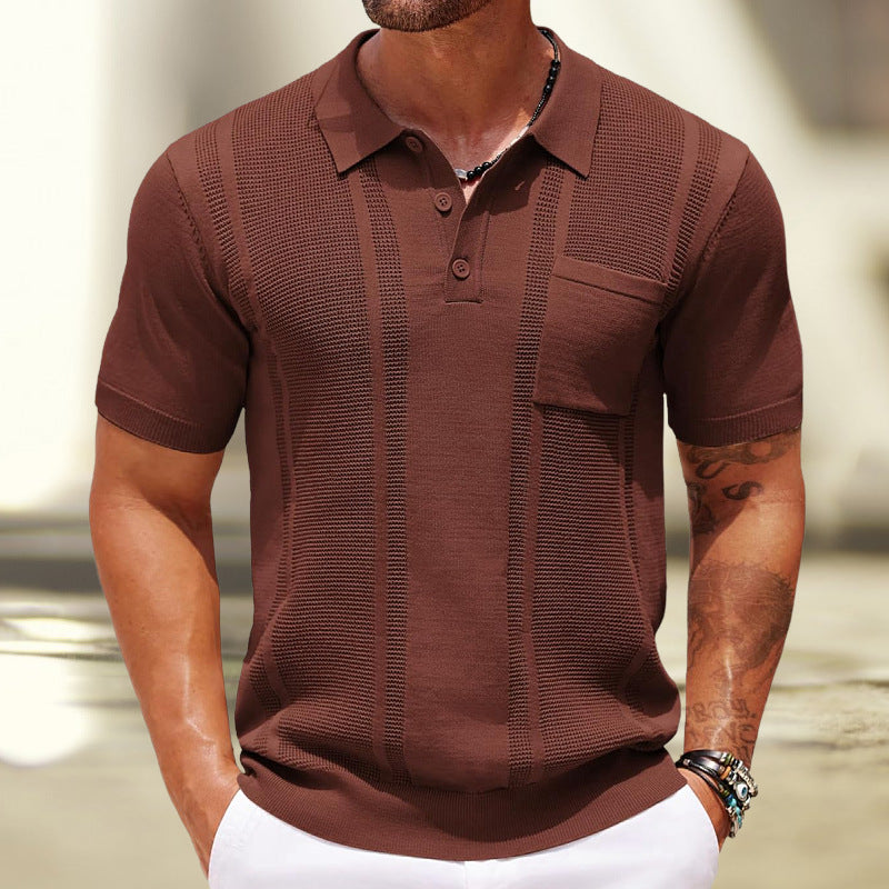Men’s Polo Shirt Summer Solid Color Short-Sleeve Ribbed Knit Pullover Top 8