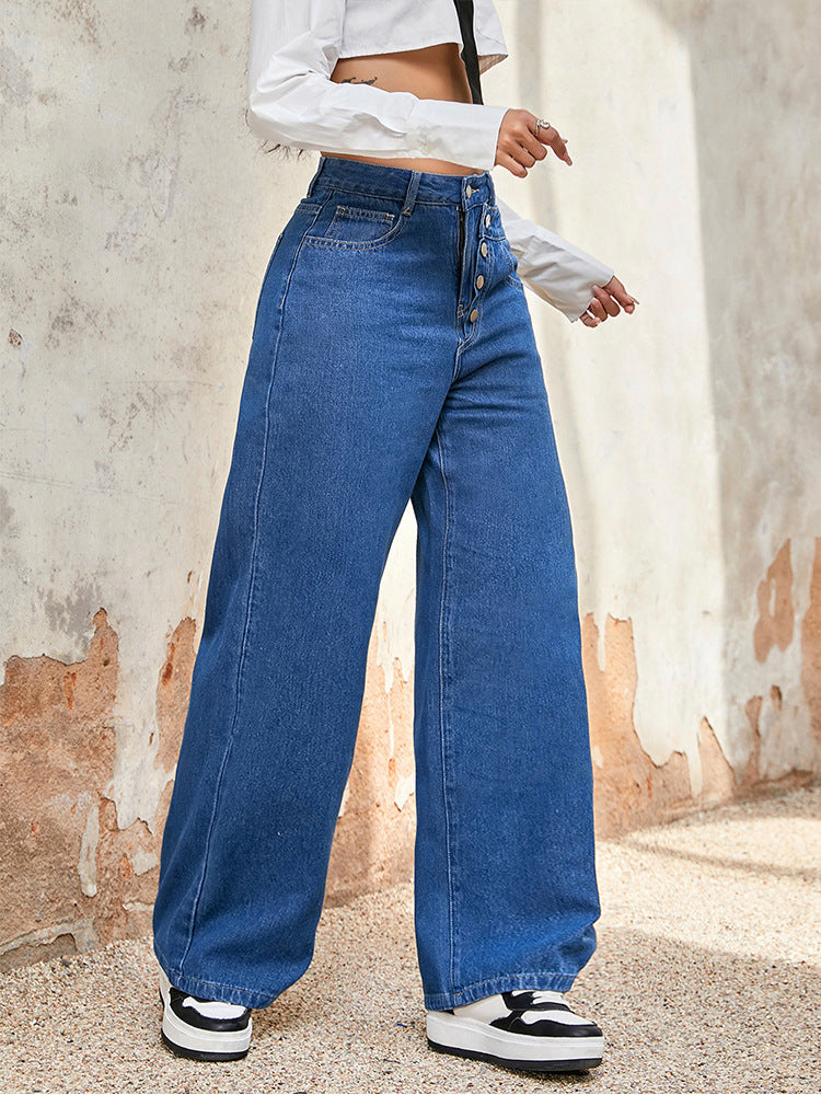 Autumn Loose Straight Leg High Waist Denim Pants Single Breasted Wide Leg Trousers 4