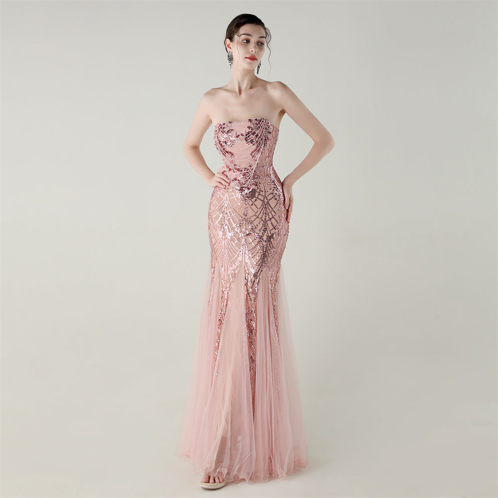 Women sequined mesh beaded tube flower Strapless fishtail skirt Formal Party evening dress 14