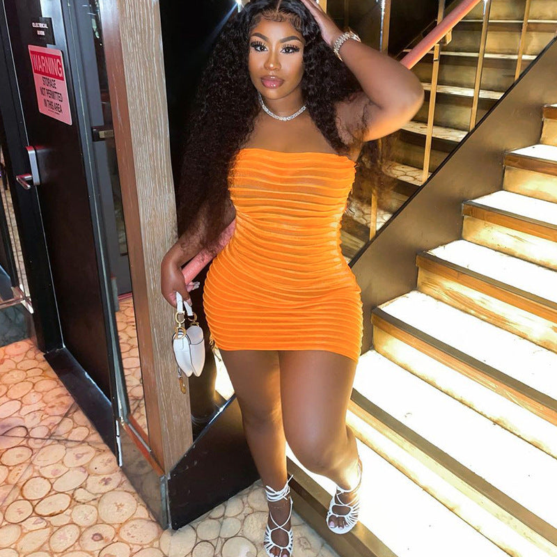 Spring Summer Women's Solid Color Strapless See-Through Mesh Sexy Mini Dress 3