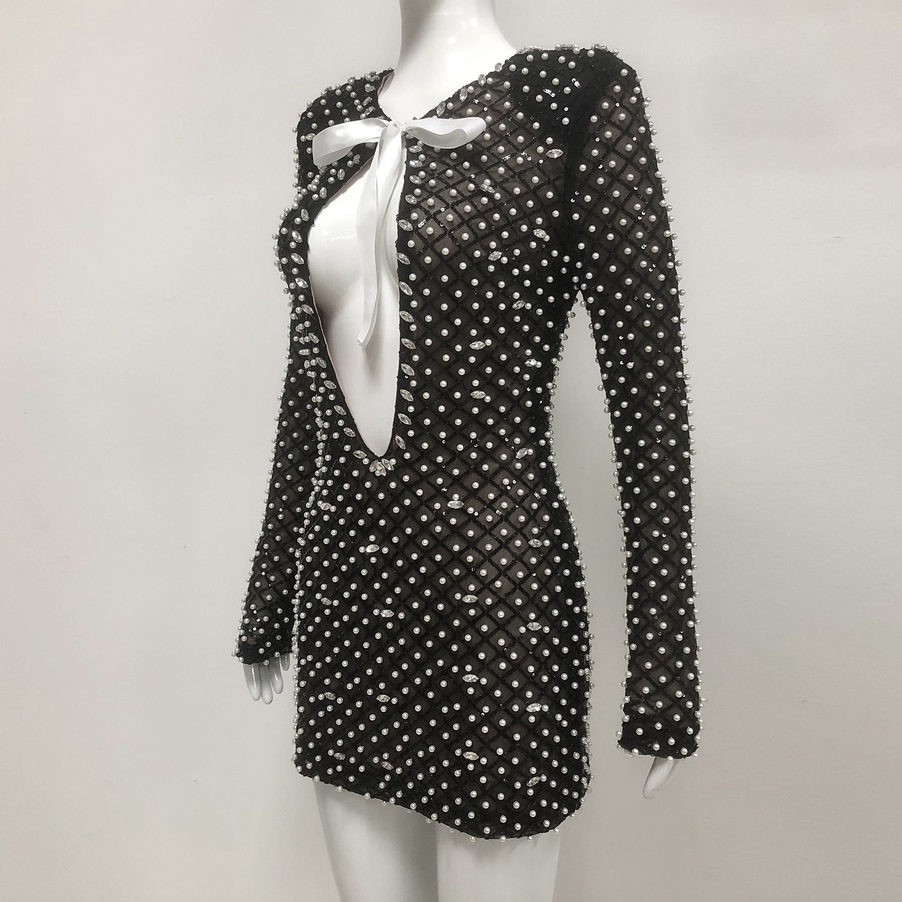 Women long-sleeved beaded rhinestone V Neck party bandage dress 14