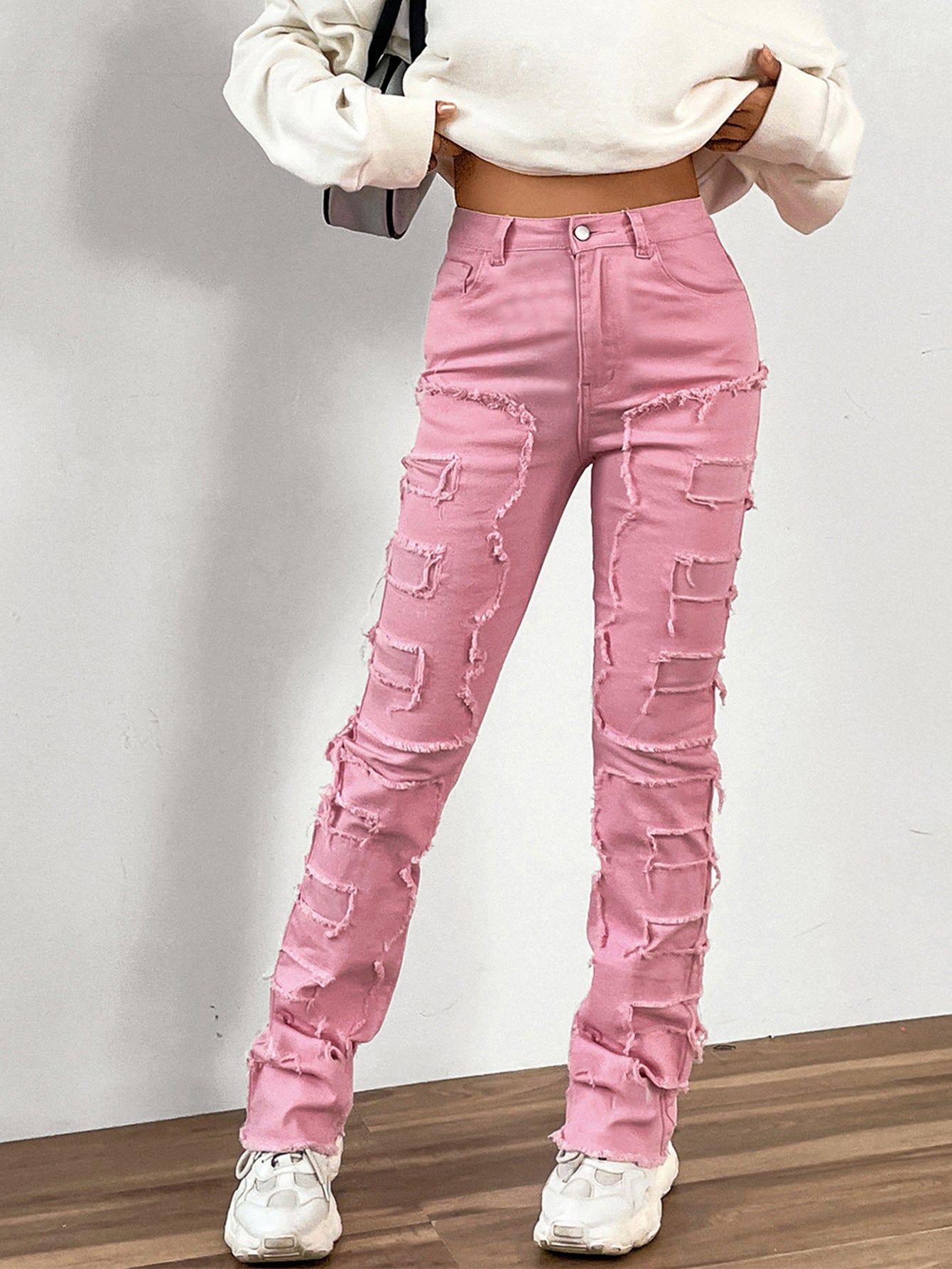 Women's Denim Embroidered Straight Pants Fashionable Patch Jeans 3