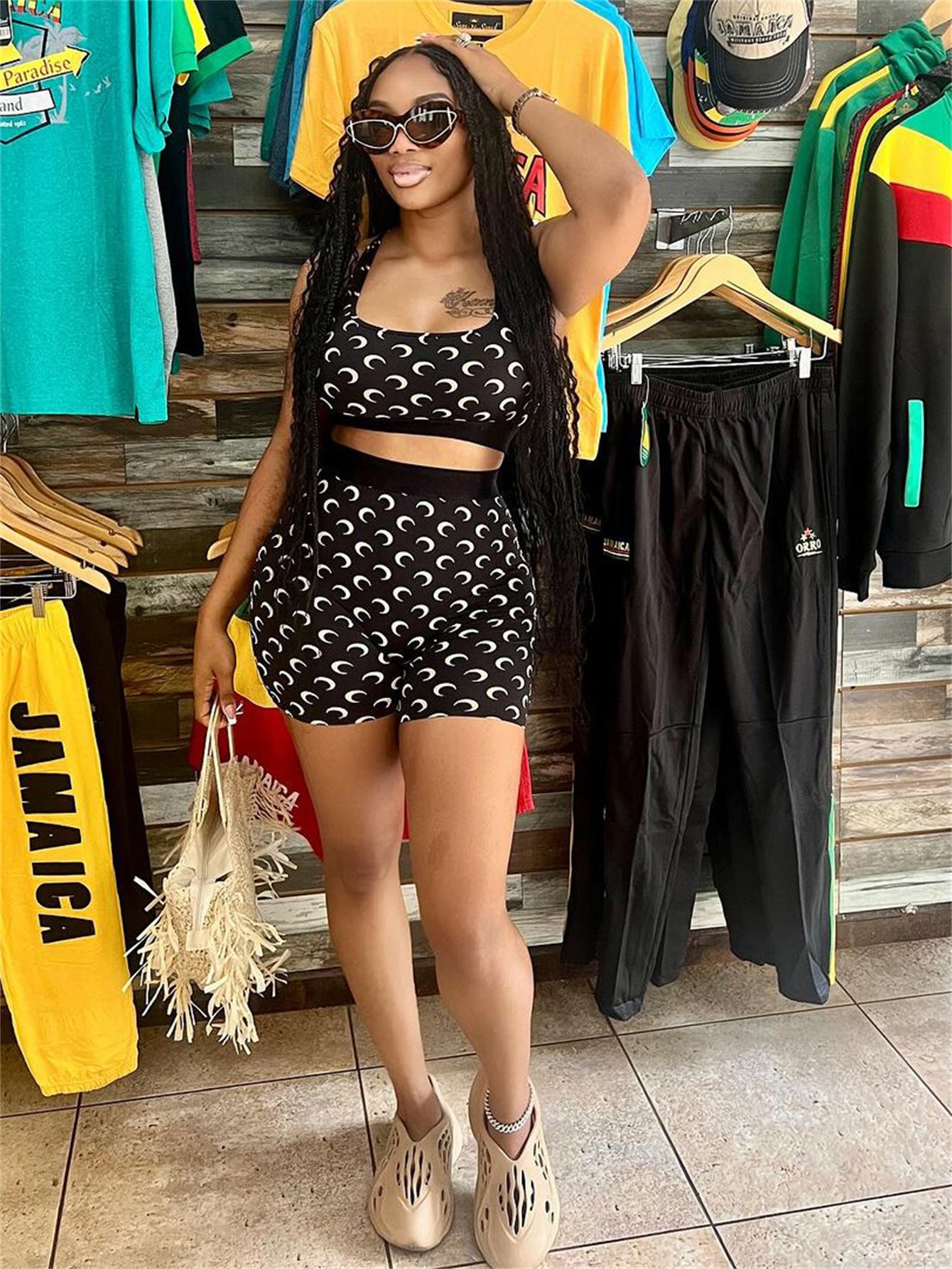 Fashion Printed Tight slim Long Sleeve Two Piece Shorts Set 6