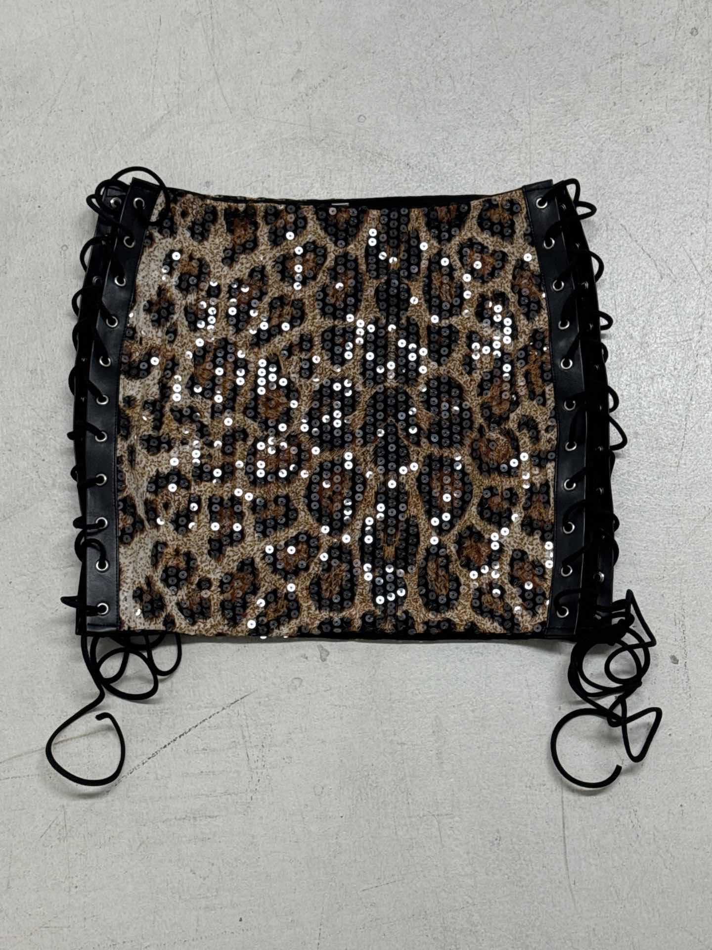 Sexy Side Lace-Up Leopard Print Bodycon Short Skirt with Sequins 9