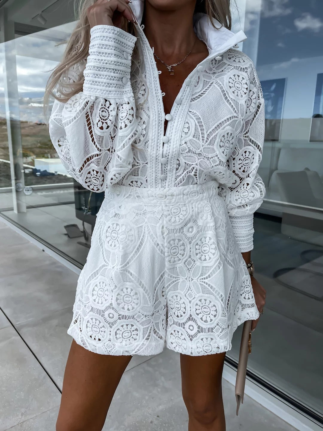 Women Casual Solid Single Breasted Stand Collar Top Lace Shorts Two Piece Set