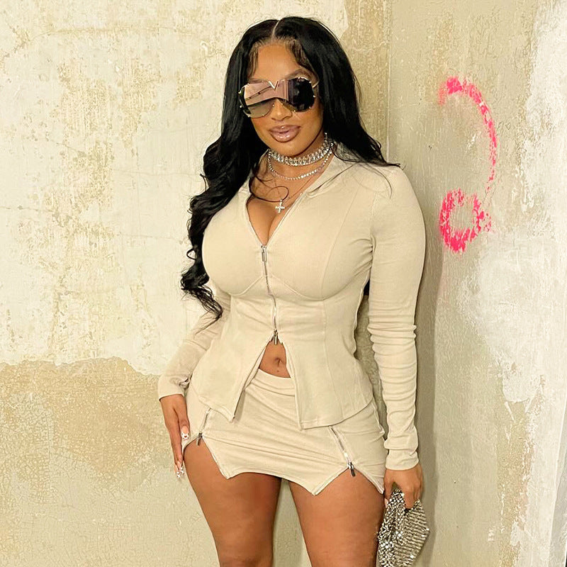 Autumn Fashion Casual Trend Long Sleeve Zipper Slim Waist Top Short Skirt Two Piece Set 4
