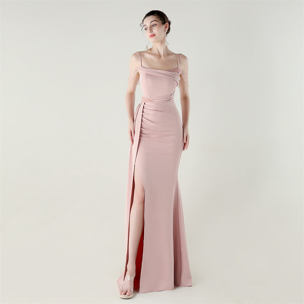 Women beaded chain fishtail slit evening dress 14