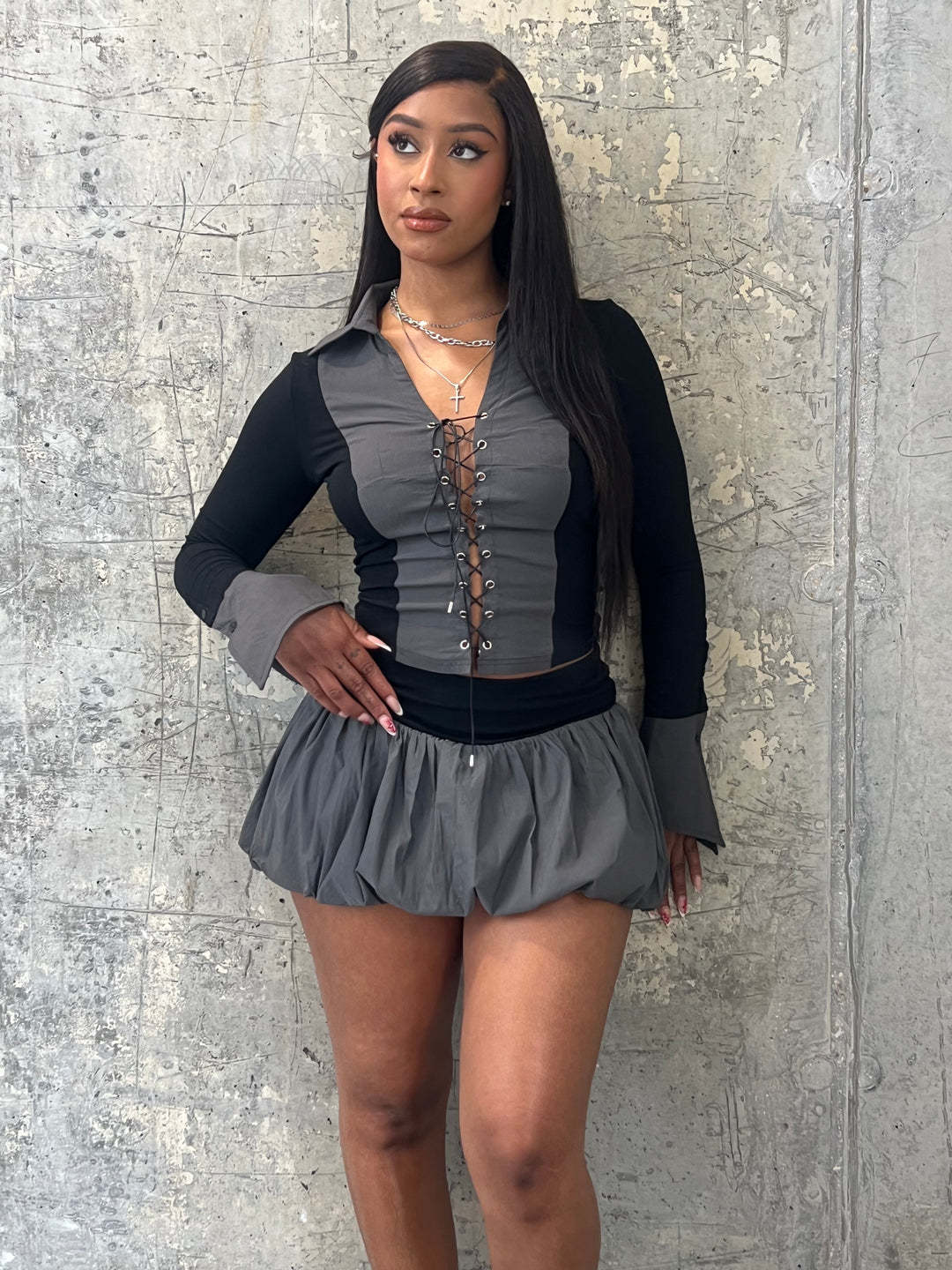 Women Sexy Lace-Up Contrast Long Sleeve Top and Puffy Skirt Set Underwear 3