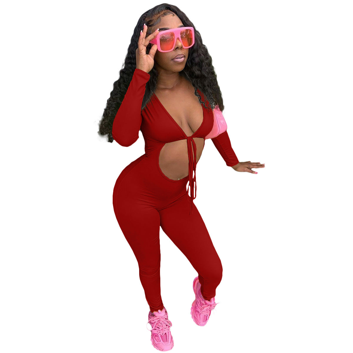 Women's Autumn Solid Color Lace-up Cutout Jumpsuit 3