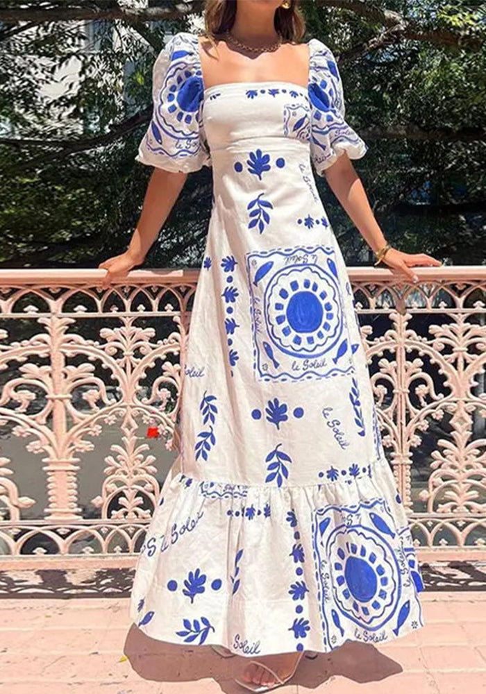 Summer Women Elegant Print Square Neck Lantern Sleeve Dress 4