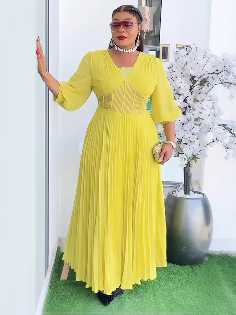 Plus Size African Women elegant v-neck pleated dress 7