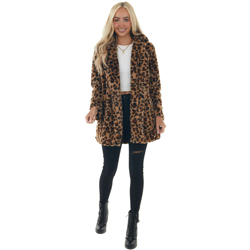 Autumn Winter Leopard Print Women'S Fashion Chic Faux Fur Loose Jacket With Pockets 5