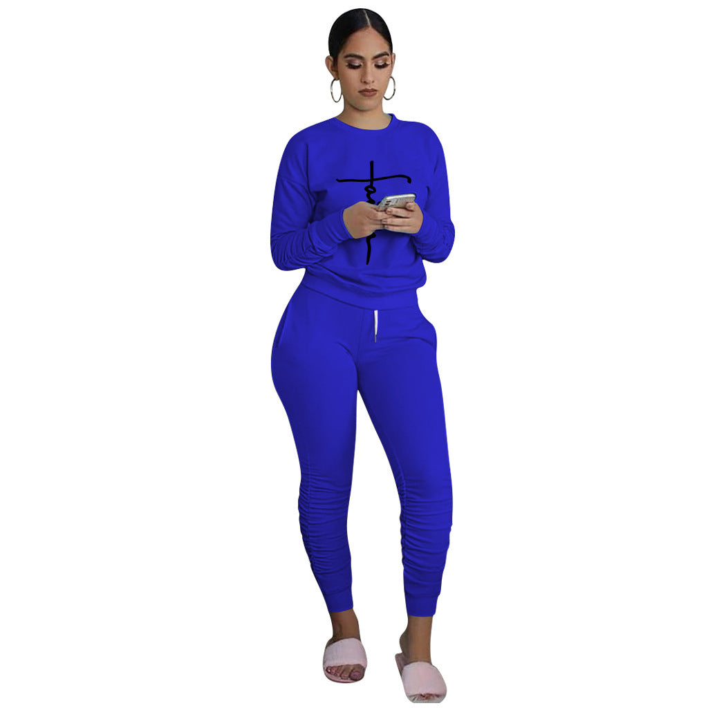 Women'S Print Solid Color Long Sleeve Round Neck Top And Ruched Pants Set Two-Piece Set 6