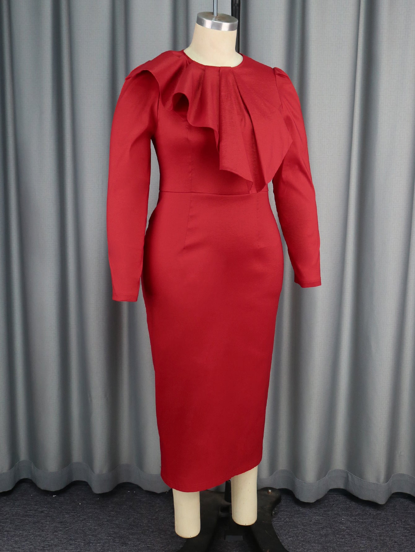 African Fashion Solid Color Women's Plus Size Ruffled Elegant Midi Dresses 5