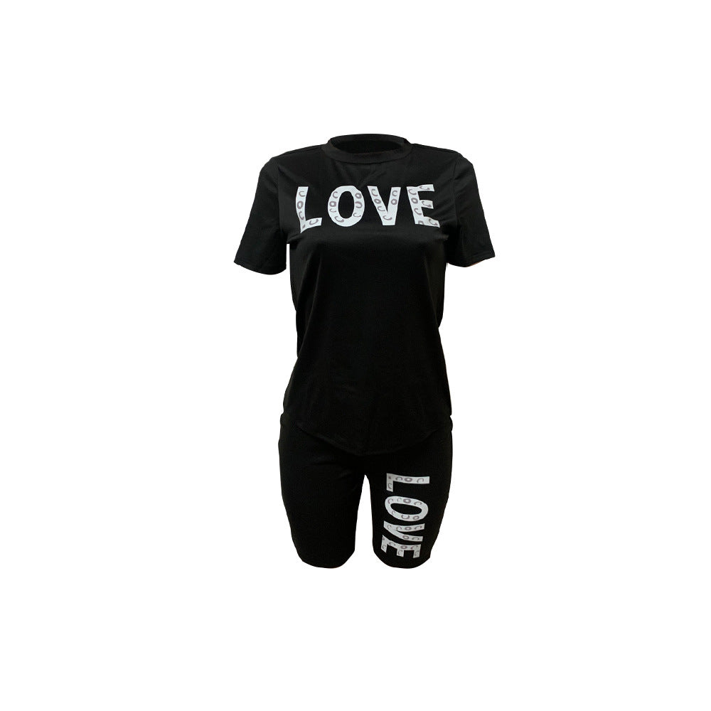 Summer Women's Round Neck Letter Short Sleeve Shorts Solid Color Shorts Set 3