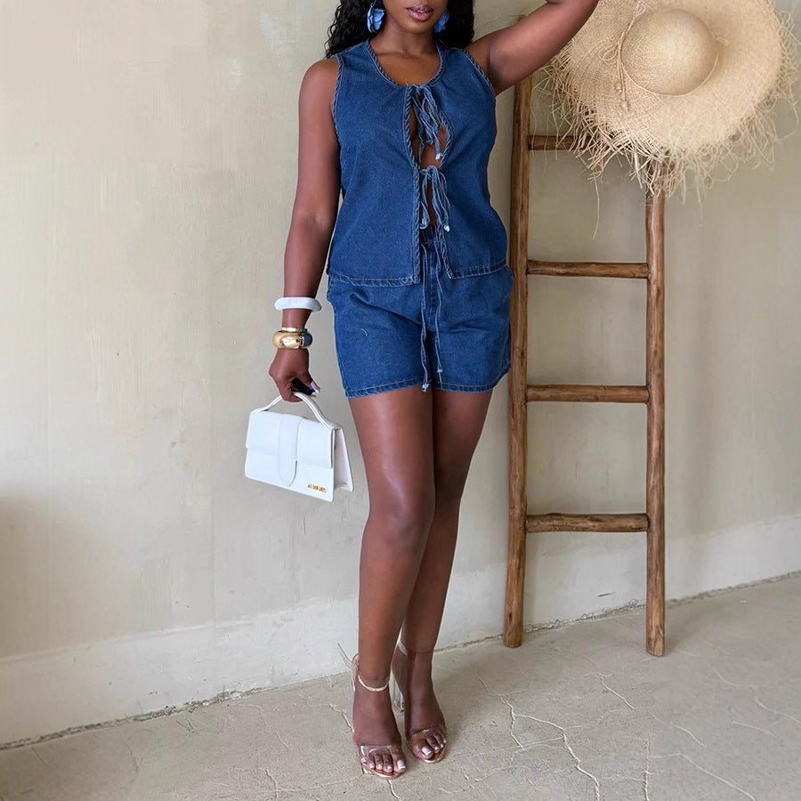 Women summer sleeveless lace top and denim shorts two-piece suit 8