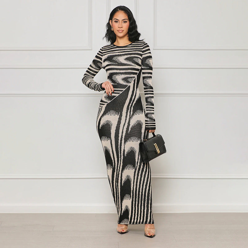 Women Irregular Print Sexy Bodycon Long Sleeve Dress 3