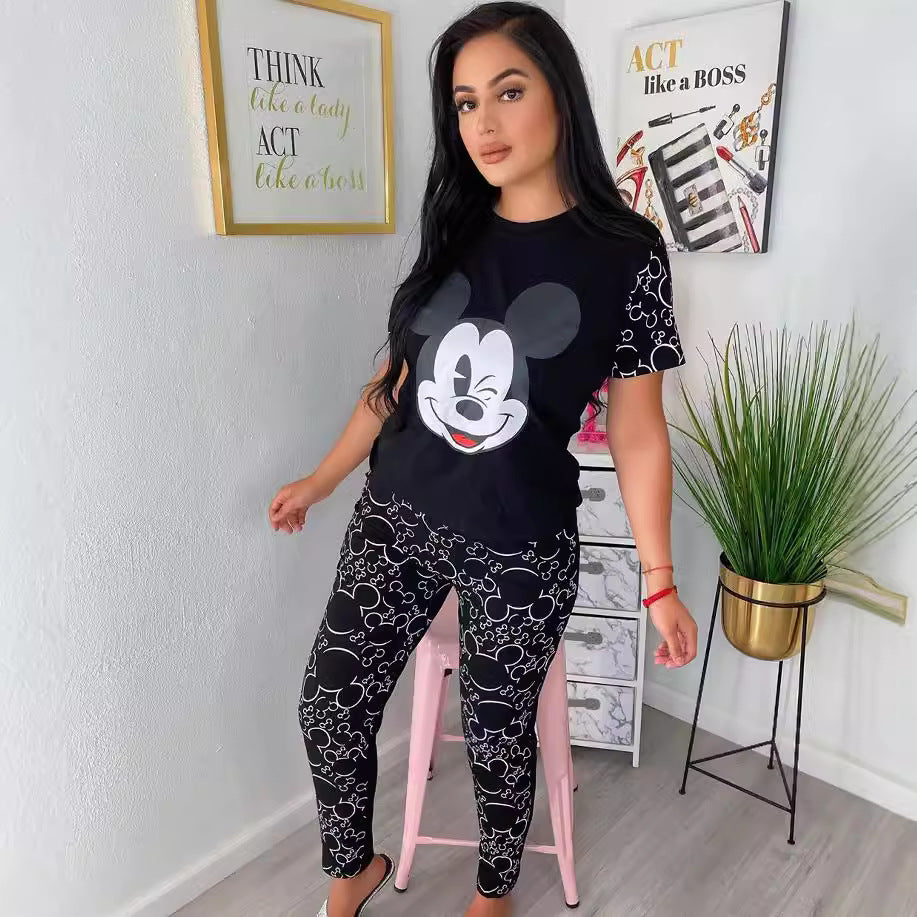 Women Spring and Summer Style Printed Short Sleeve Top and Pants Casual Two-piece Set 4