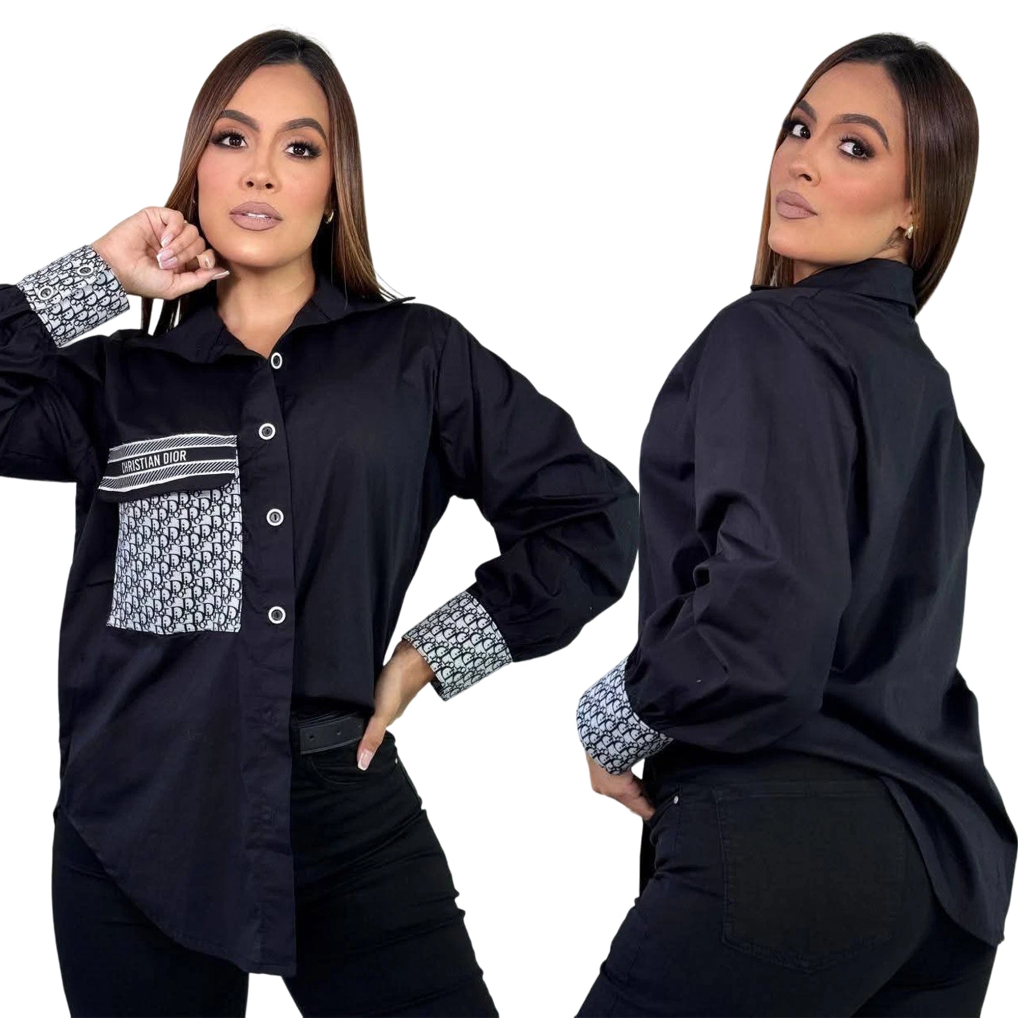 Women summer and autumn long-sleeved solid printed letter shirt (with pockets)