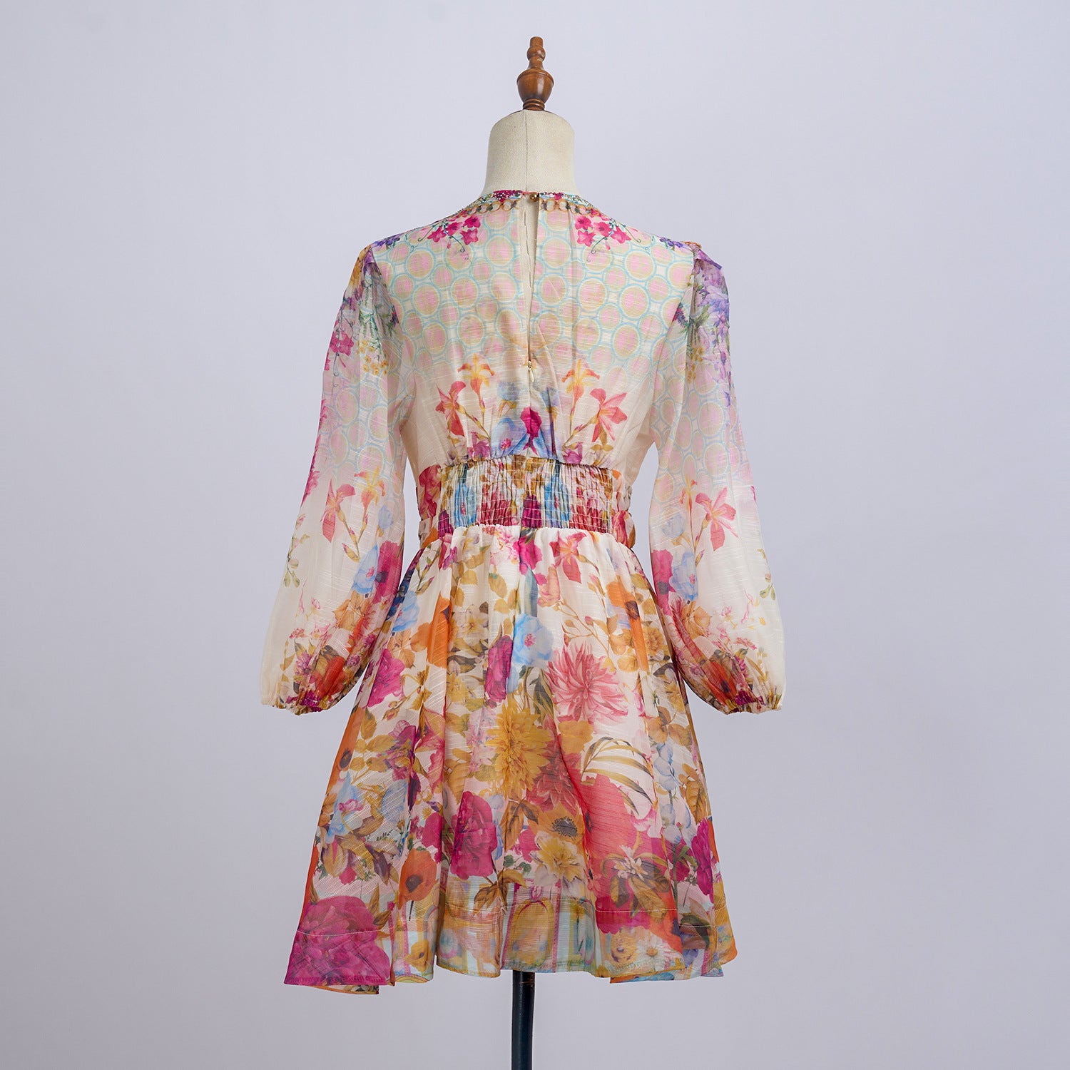 Spring Summer V neck Print Beaded Slim Waist A-line Holidays Dress 8