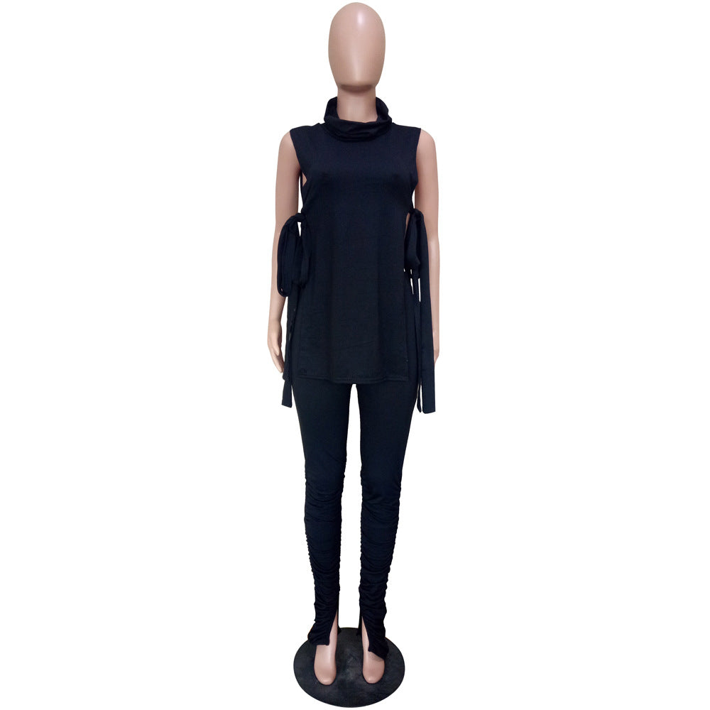 Women's Spring Summer Fashion Sexy Solid Side Lace-Up Two-Piece Pants Set 8