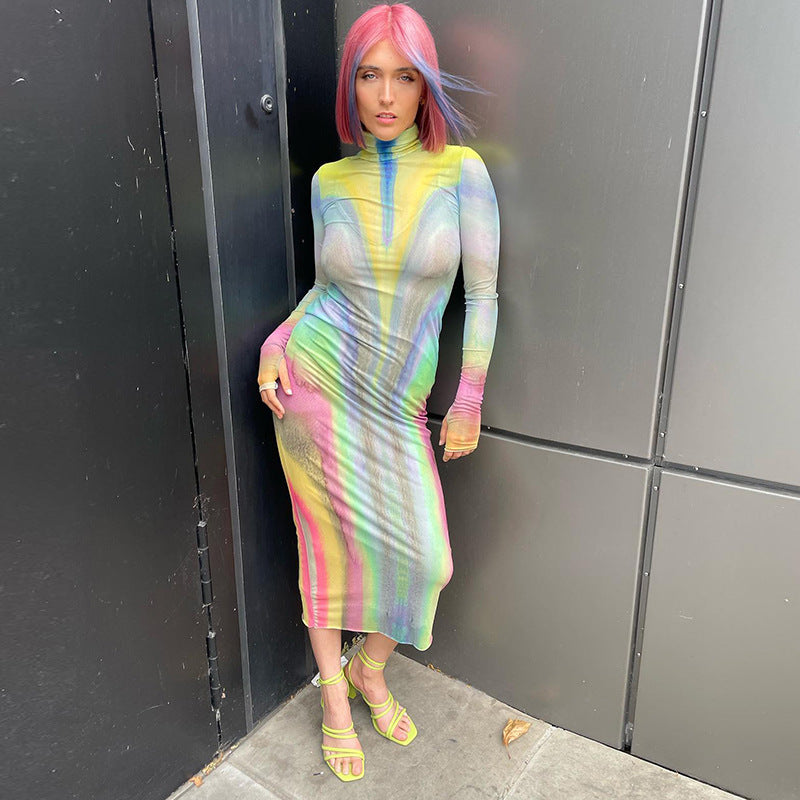 Women Autumn Sexy Mesh See-Through High Neck Long Sleeve Dress 4