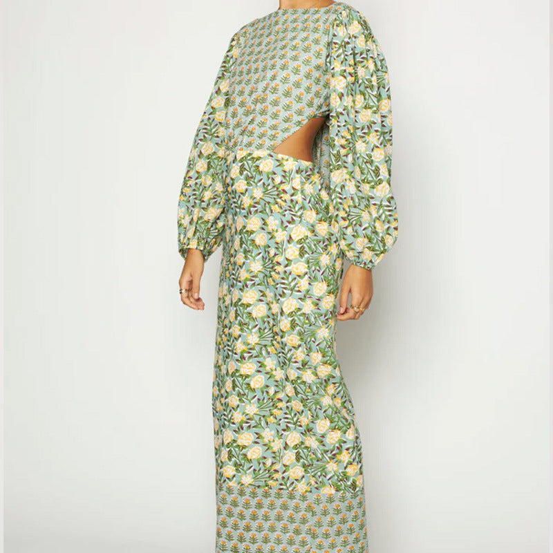 Women Floral Contrast Balloon Sleeve Backless Dress 6