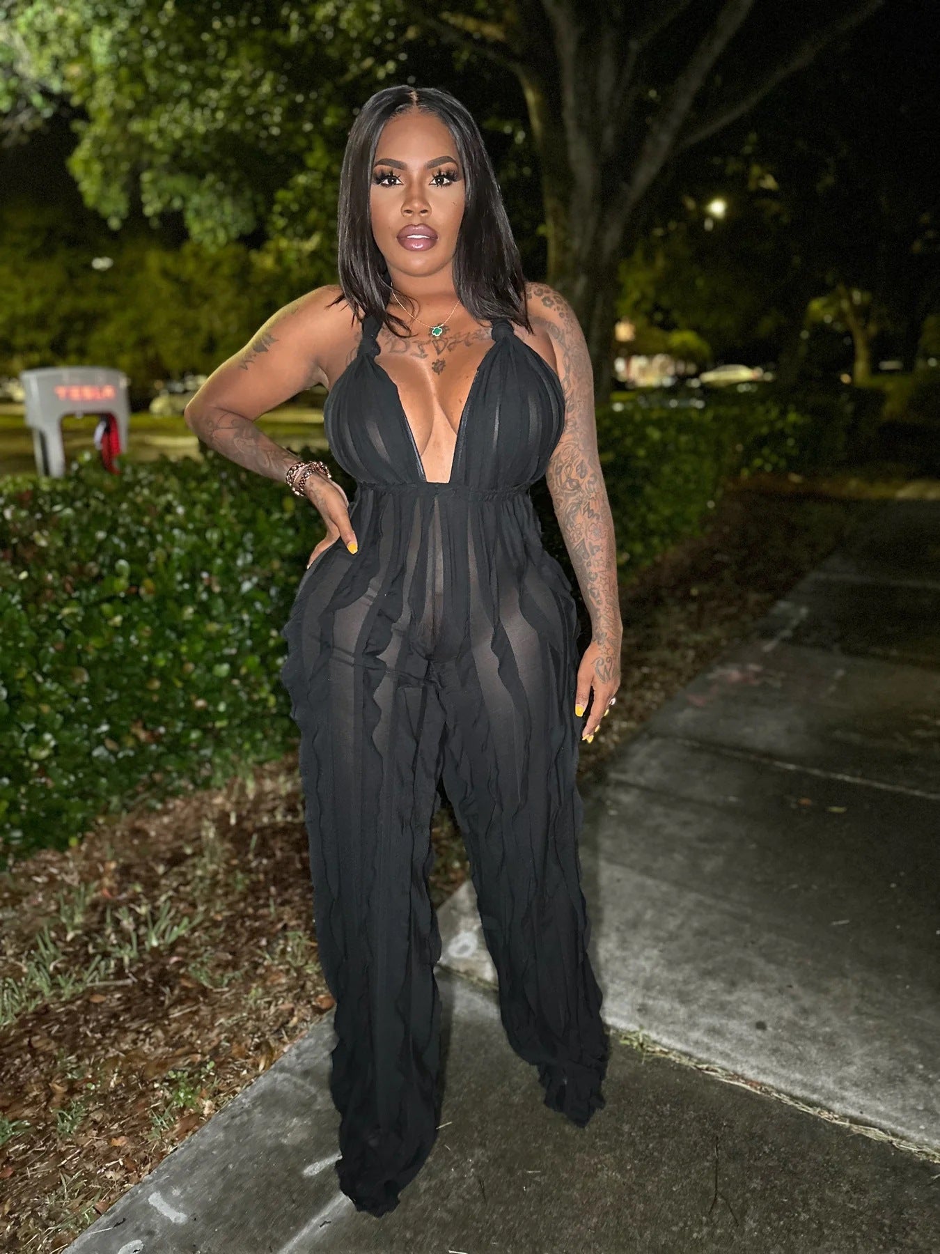 Women's Spring Summer Wavy Pattern Sexy Halter Backless High Waist Jumpsuit 3