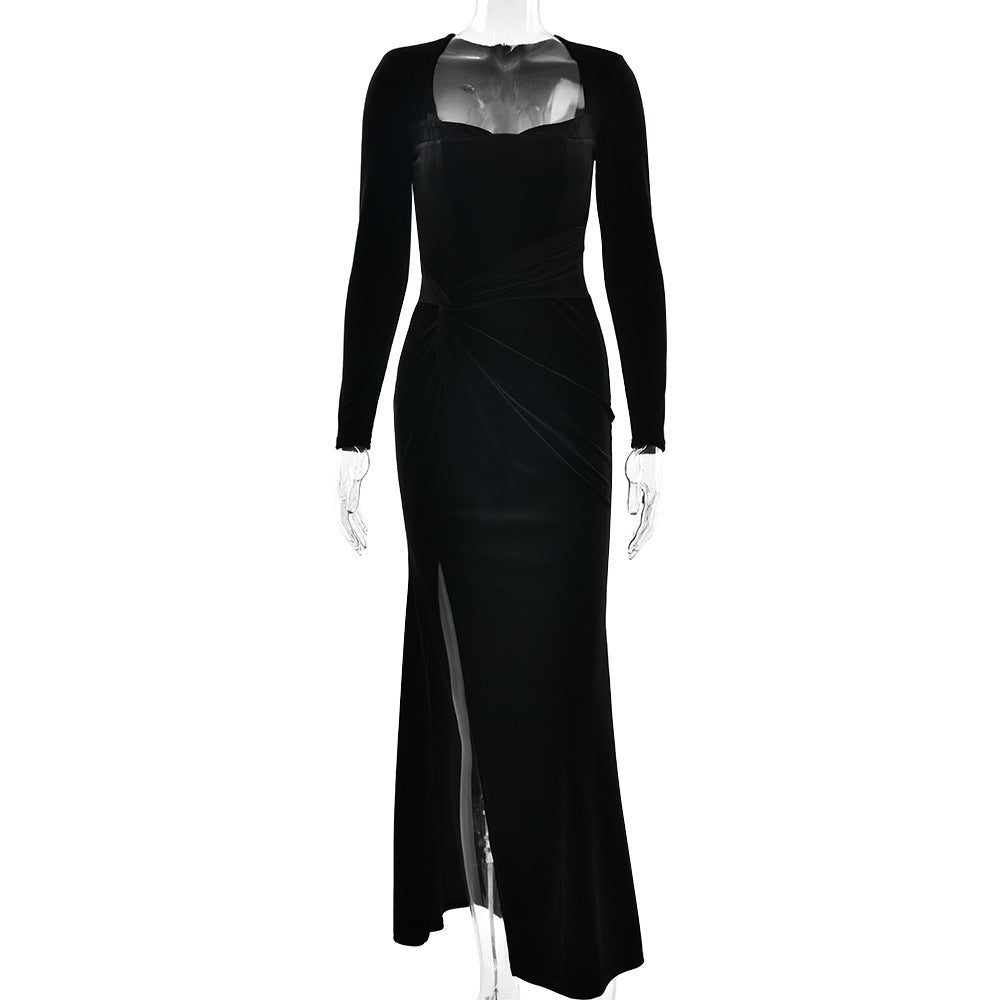 Spring Elegant Long Sleeve Velvet Slit Pleated Square Neck Long Dress 19