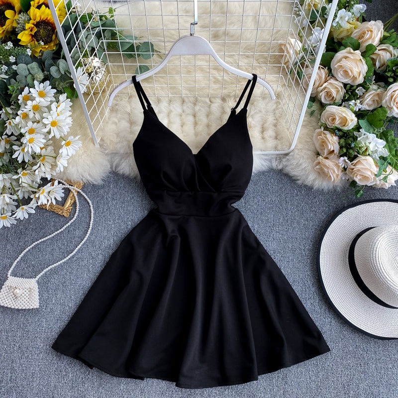 Spring Feminine V-Neck Low Back Slim Waist High Waist Slim Fit Solid Color Straps Basic A-Line Dress