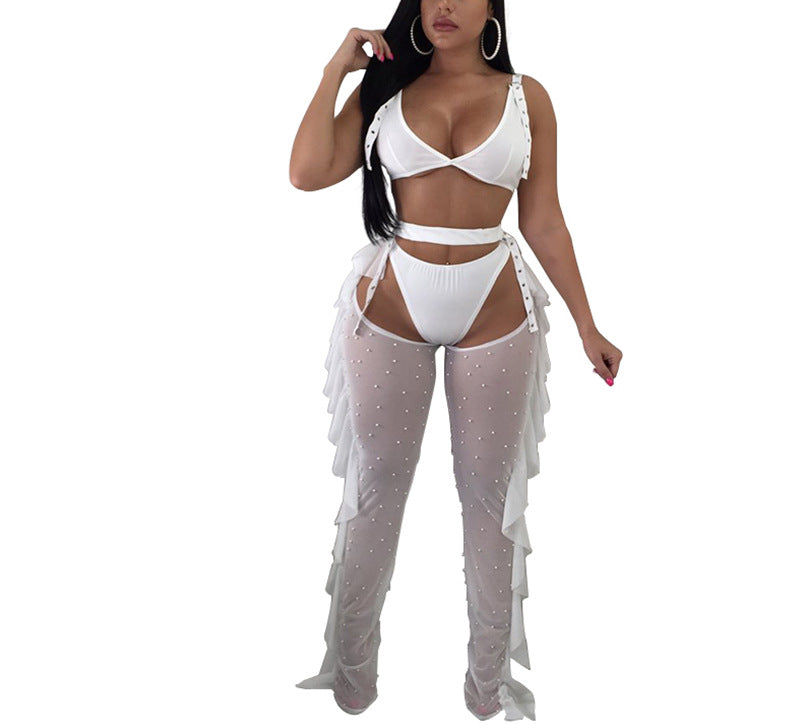 Women's Sexy Mesh Beading Mesh Ruffle Pants Set 4