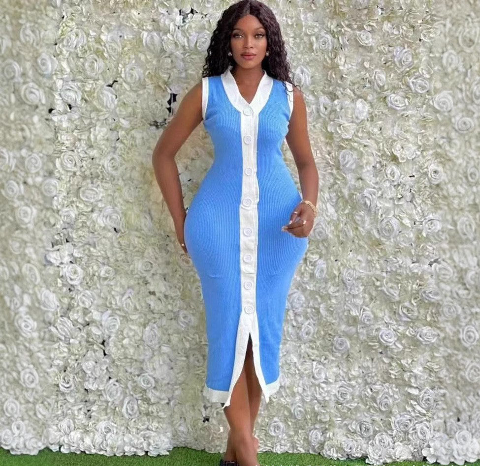 Women contrast Ribbed Single-breasted v-neck sleeveless knitting dress 3