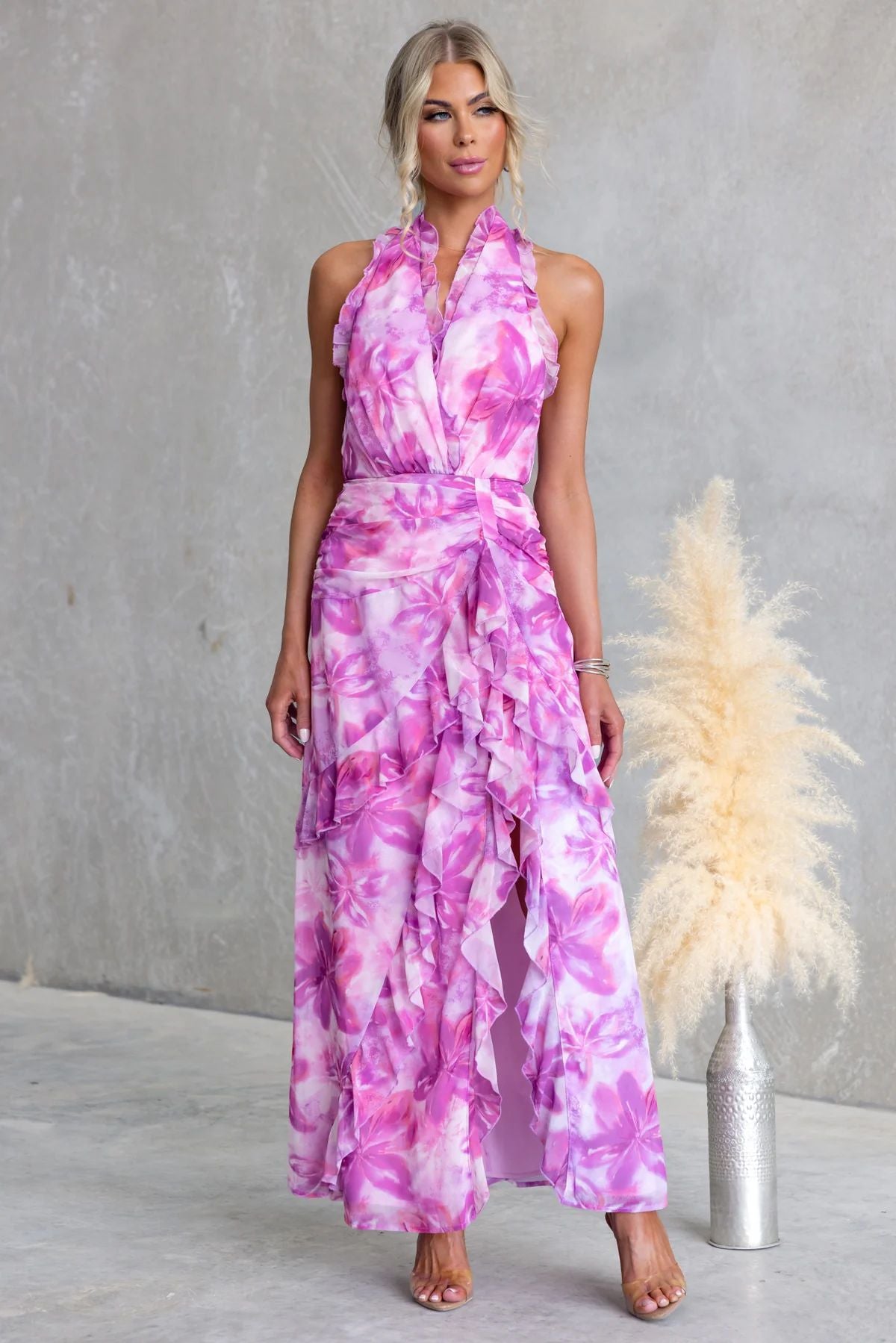 Women Printed Sexy V-Neck Backless Halter Neck Patchwork Ruffle Edge Dress 12