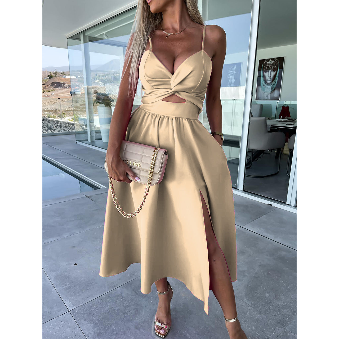 Women Summer V Neck Hollow Slit Suspender Dress 11