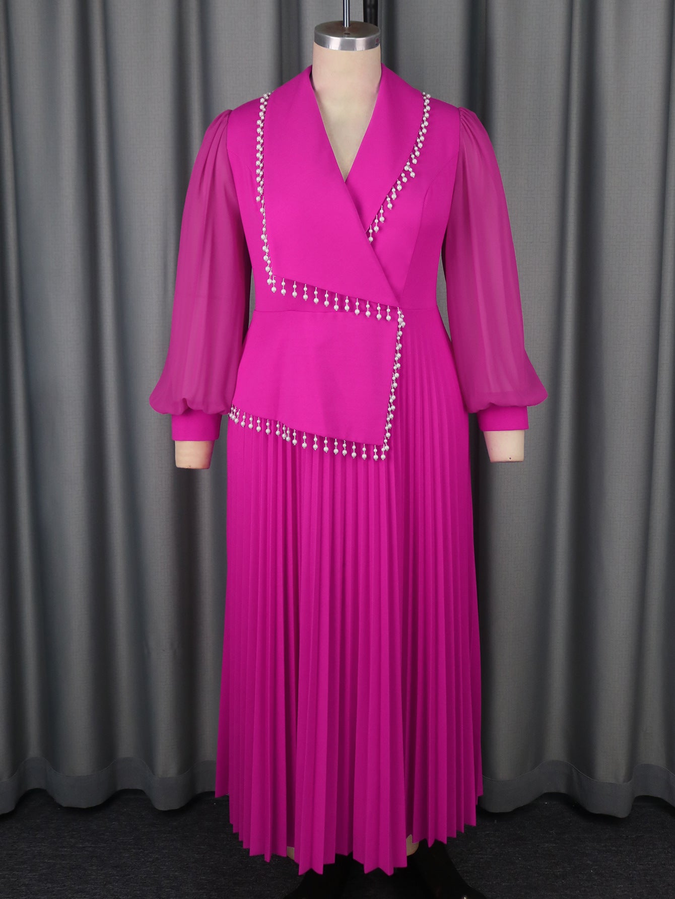 Plus Size Women's V-Neck See-Through Long Sleeve Elegant Pleated Long Dress 6