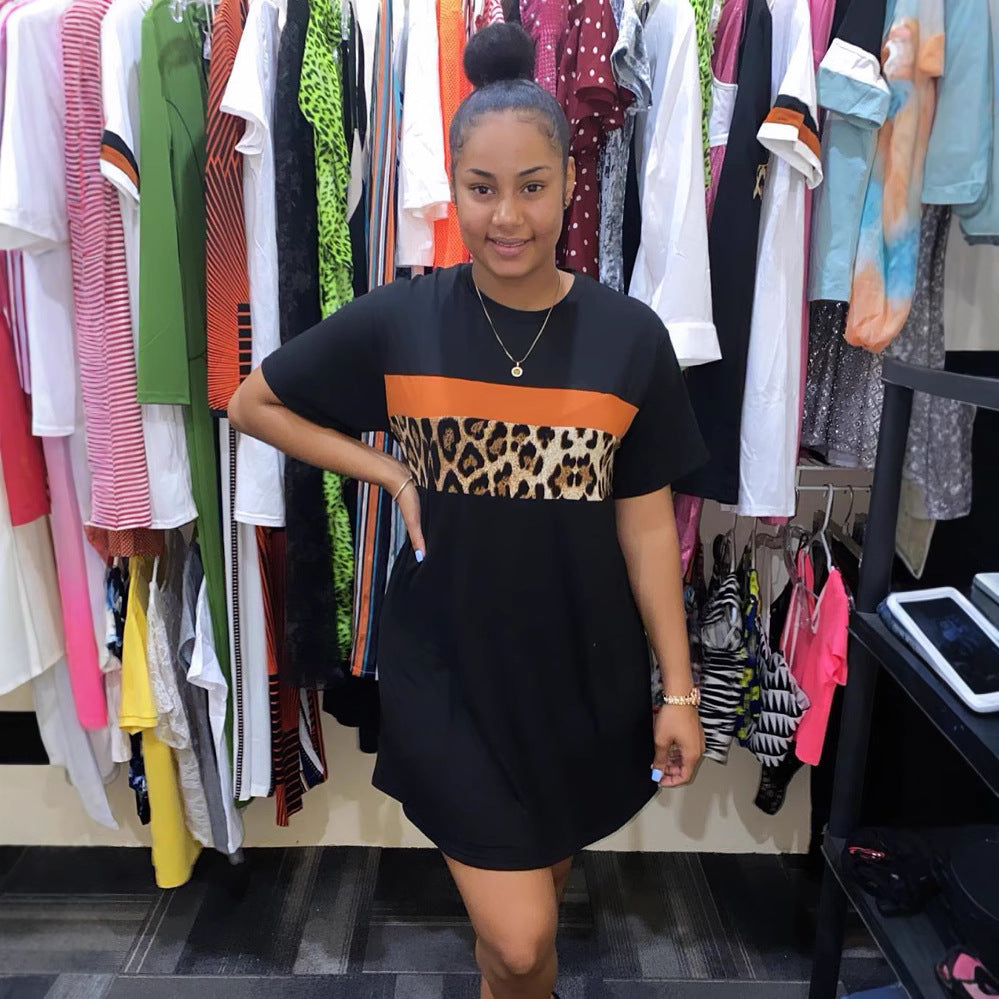 Women clothing spring and summer leopard color matching short-sleeved dress 4