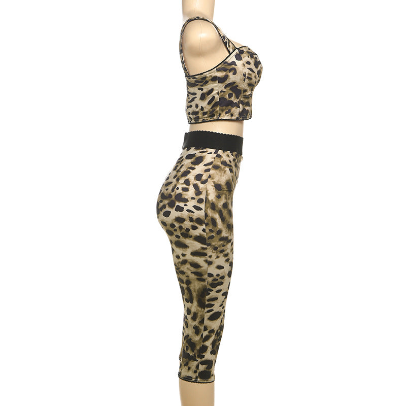Women Summer Sexy Leopard Print Suspender Top and Cropped Pants Two-Piece Set 8